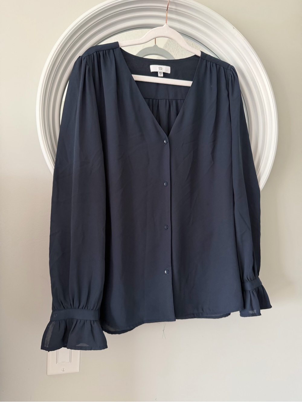 La Redoute Collections Navy Blue V-Neck Ruffle Cuff Blouse - FR40-US 8 fr France